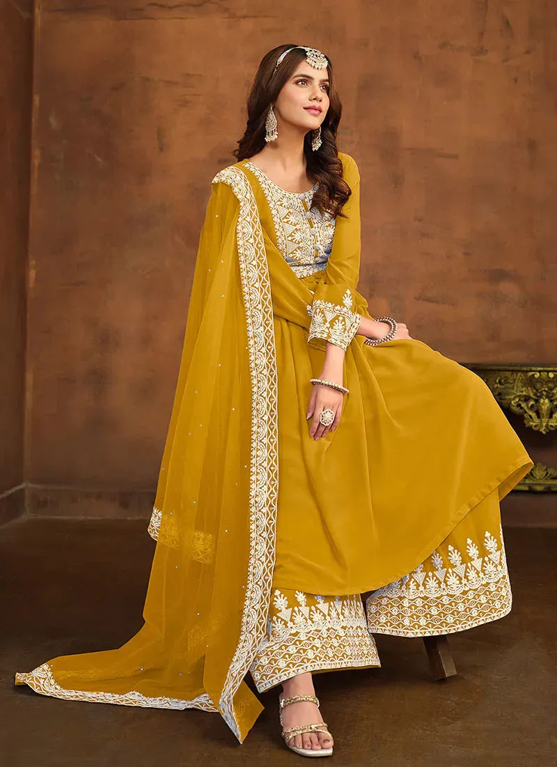 Regal Elegance Yellow Embroidered Palazzo Style Suit