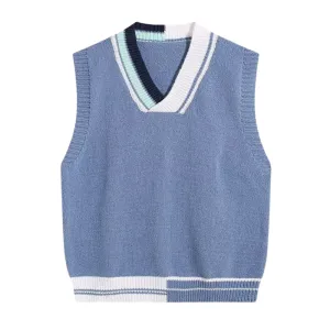 Retro Contrasting V-Neck Knitted Vest