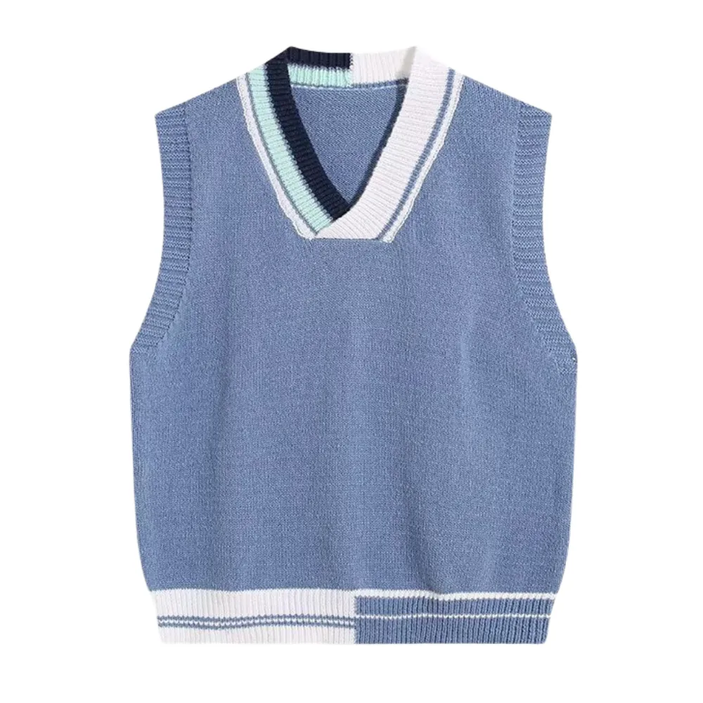 Retro Contrasting V-Neck Knitted Vest
