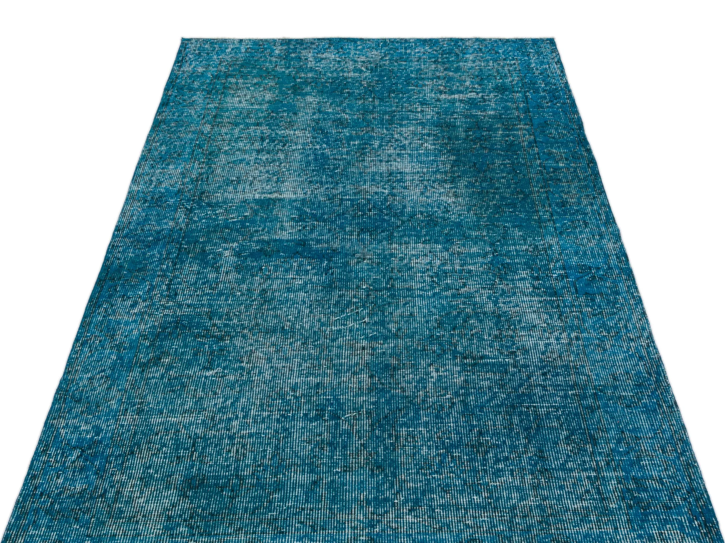 Retro Design Turquoise Over Dyed Vintage Rug 3'9'' x 6'10'' ft 115 x 208 cm