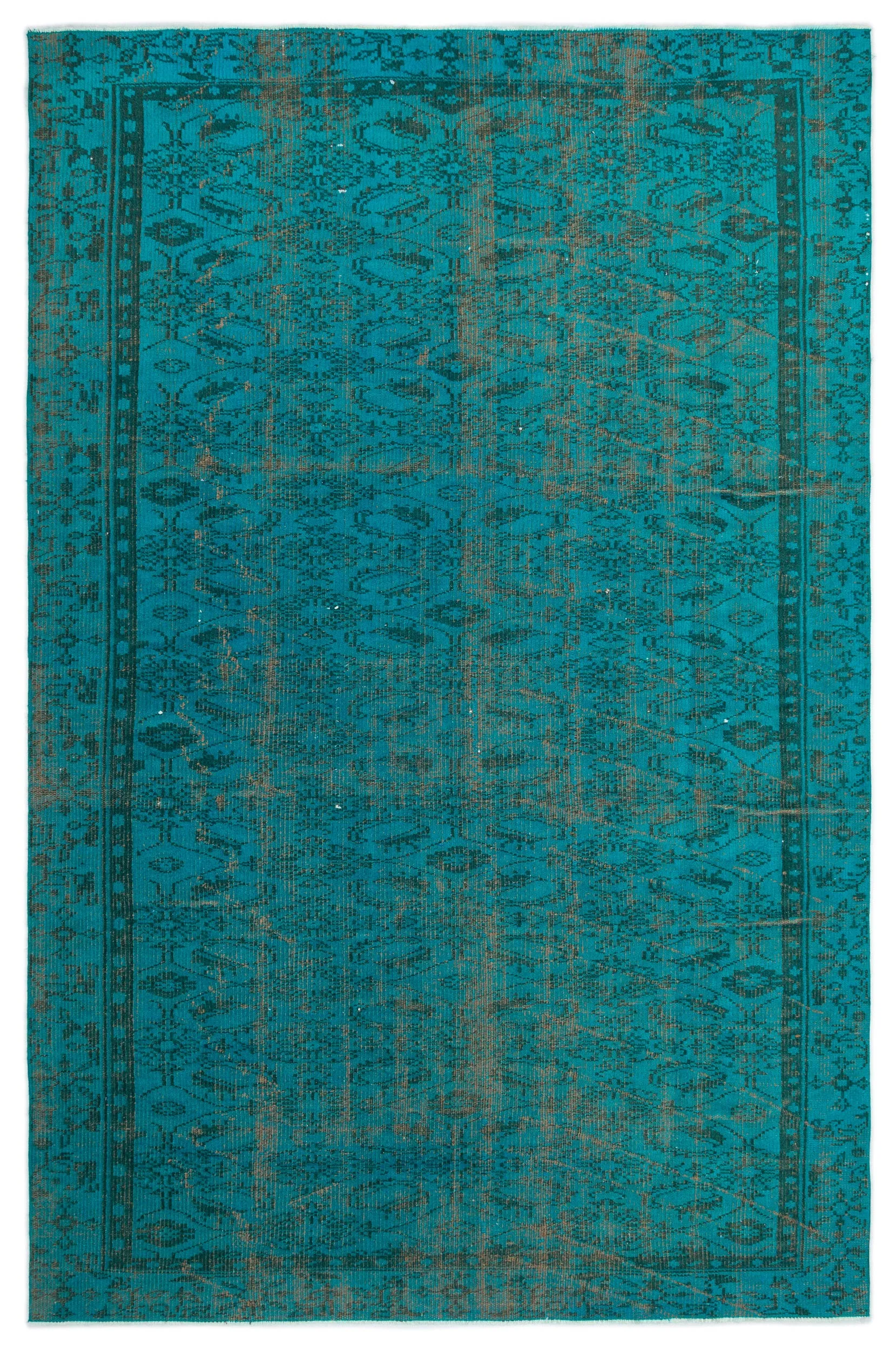 Retro Design Turquoise Over Dyed Vintage Rug 5'10'' x 8'10'' ft 177 x 270 cm