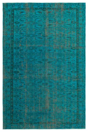 Retro Design Turquoise Over Dyed Vintage Rug 5'10'' x 8'10'' ft 177 x 270 cm