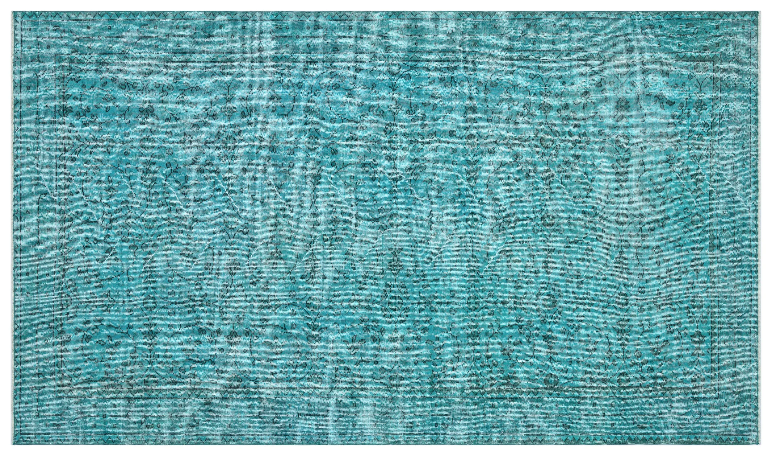 Retro Design Turquoise Over Dyed Vintage Rug 5'3'' x 9'1'' ft 159 x 278 cm