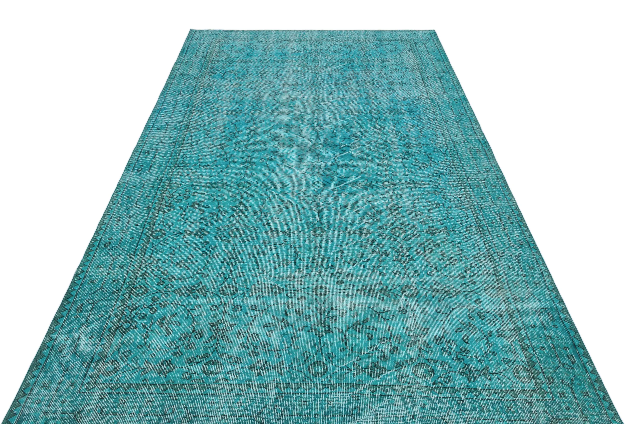 Retro Design Turquoise Over Dyed Vintage Rug 5'3'' x 9'1'' ft 159 x 278 cm