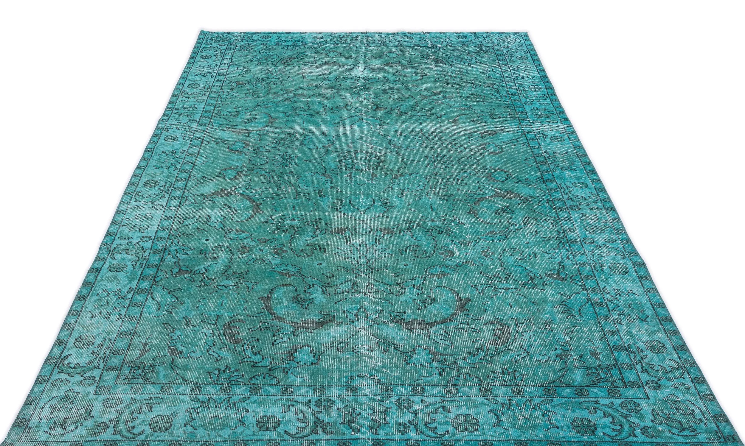 Retro Design Turquoise Over Dyed Vintage Rug 5'5'' x 9'3'' ft 165 x 283 cm