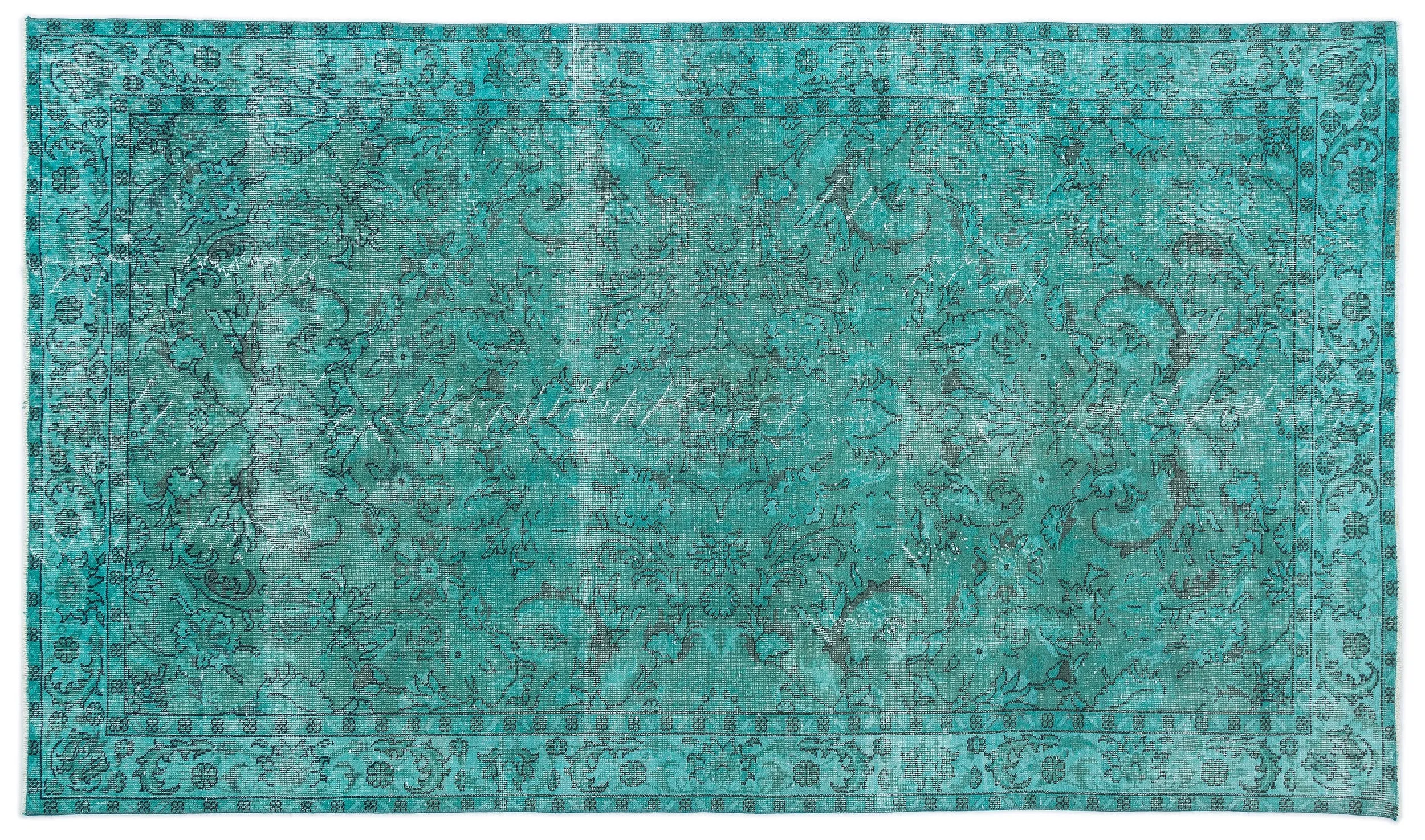 Retro Design Turquoise Over Dyed Vintage Rug 5'5'' x 9'3'' ft 165 x 283 cm