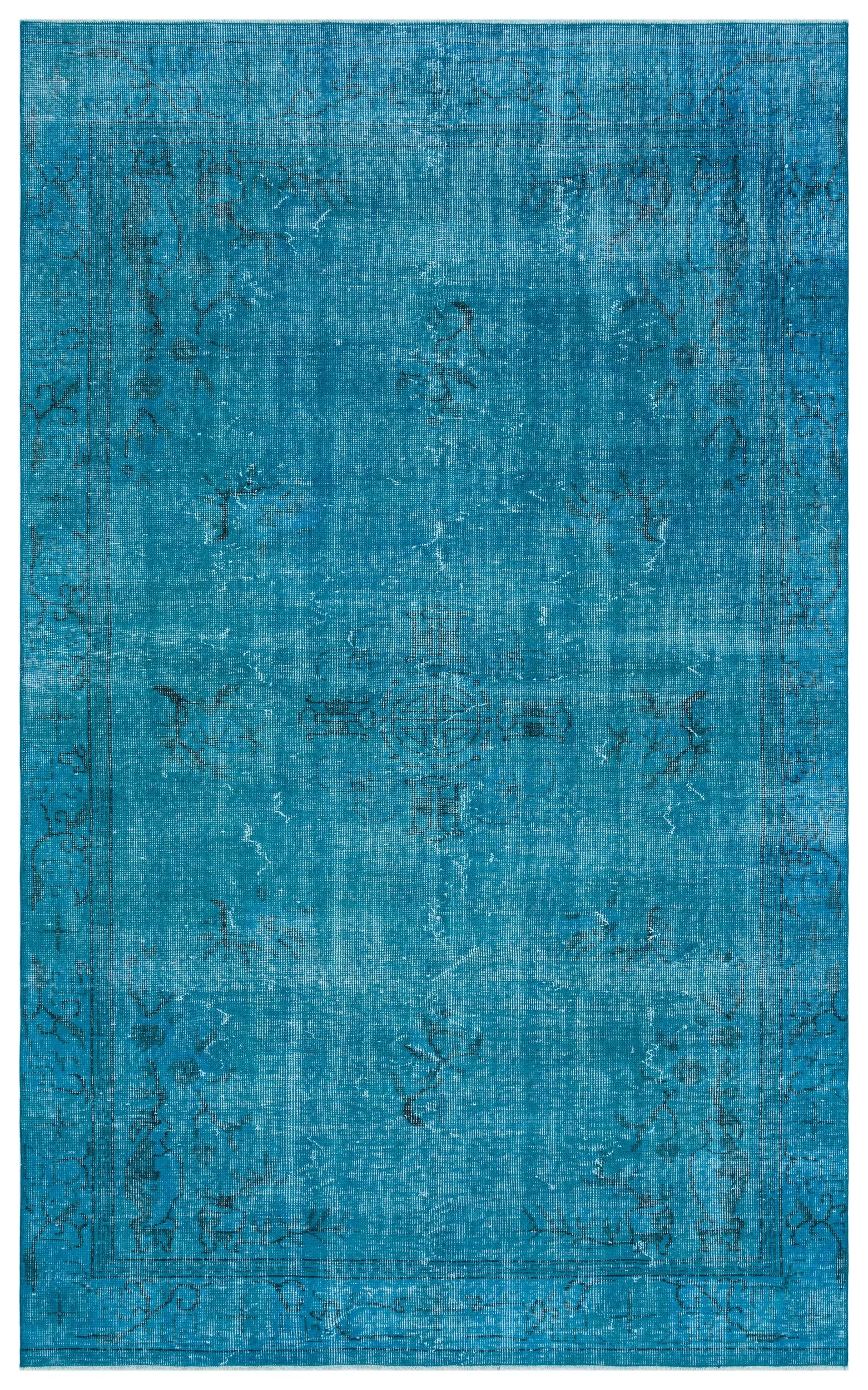 Retro Design Turquoise Over Dyed Vintage Rug 5'7'' x 8'12'' ft 169 x 274 cm