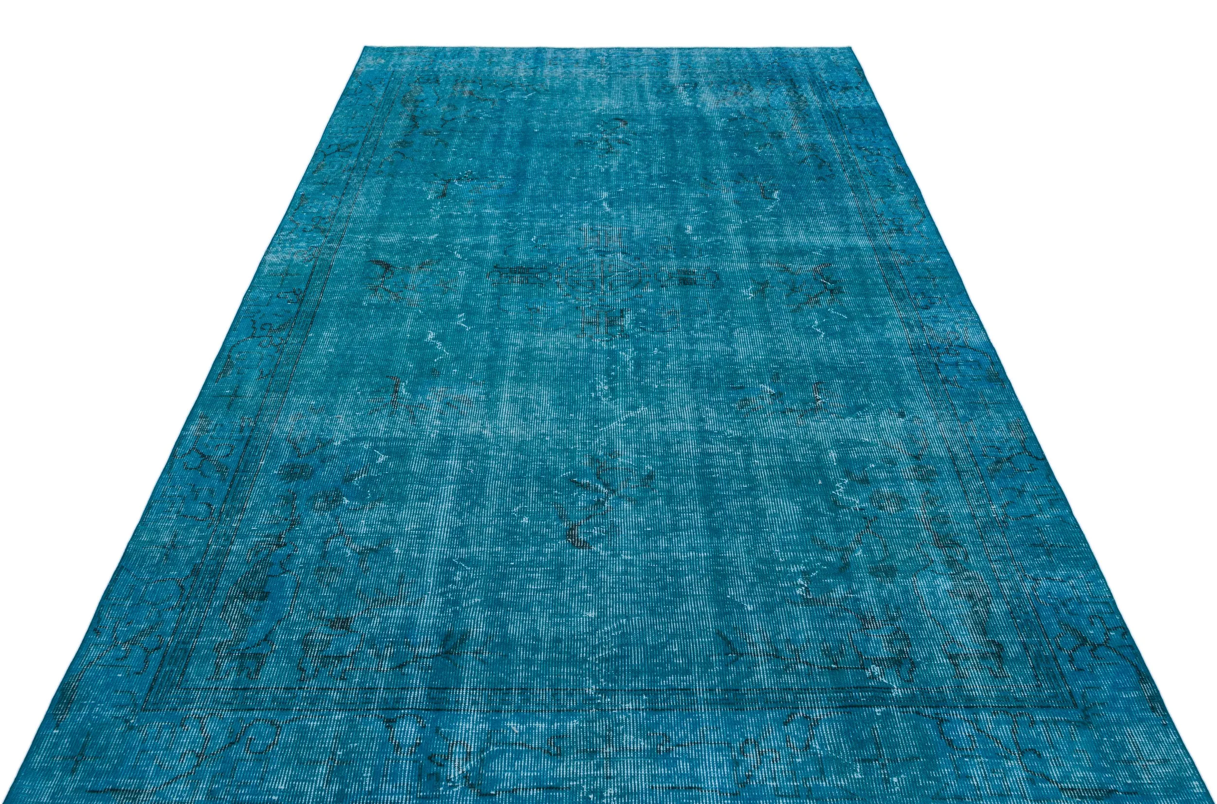 Retro Design Turquoise Over Dyed Vintage Rug 5'7'' x 8'12'' ft 169 x 274 cm