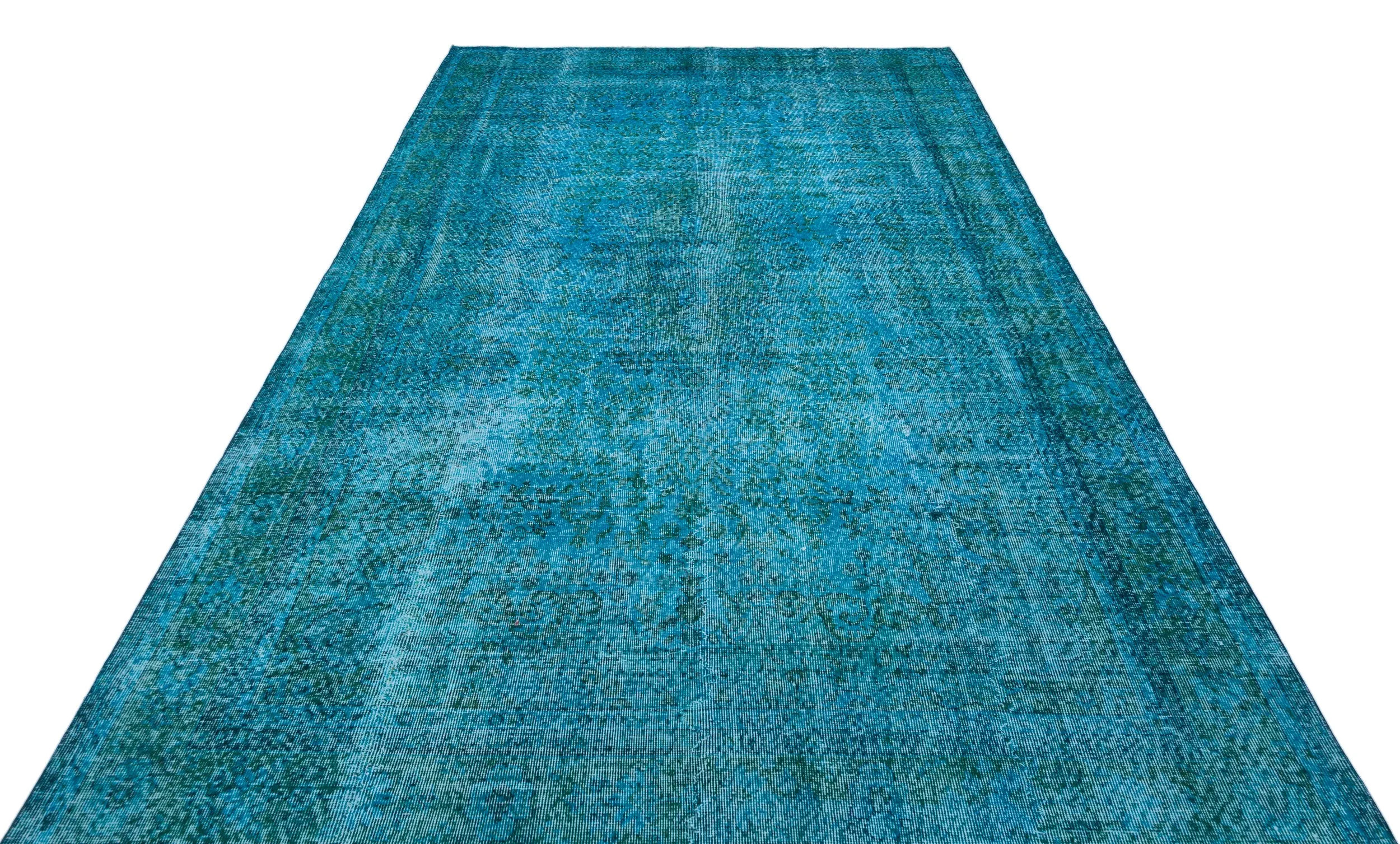 Retro Design Turquoise Over Dyed Vintage Rug 6'8'' x 10'6'' ft 202 x 320 cm