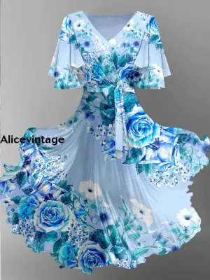 Retro Floral Art Print Chic V-Neck Short Sleeve Midi Dress