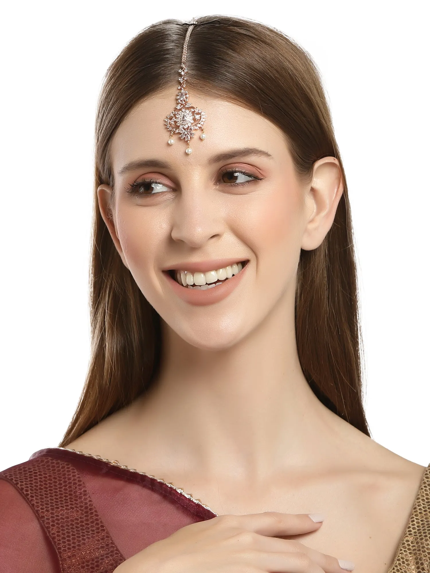 Rose Gold-Plated Cubic Zirconia Studded Maangtikka.