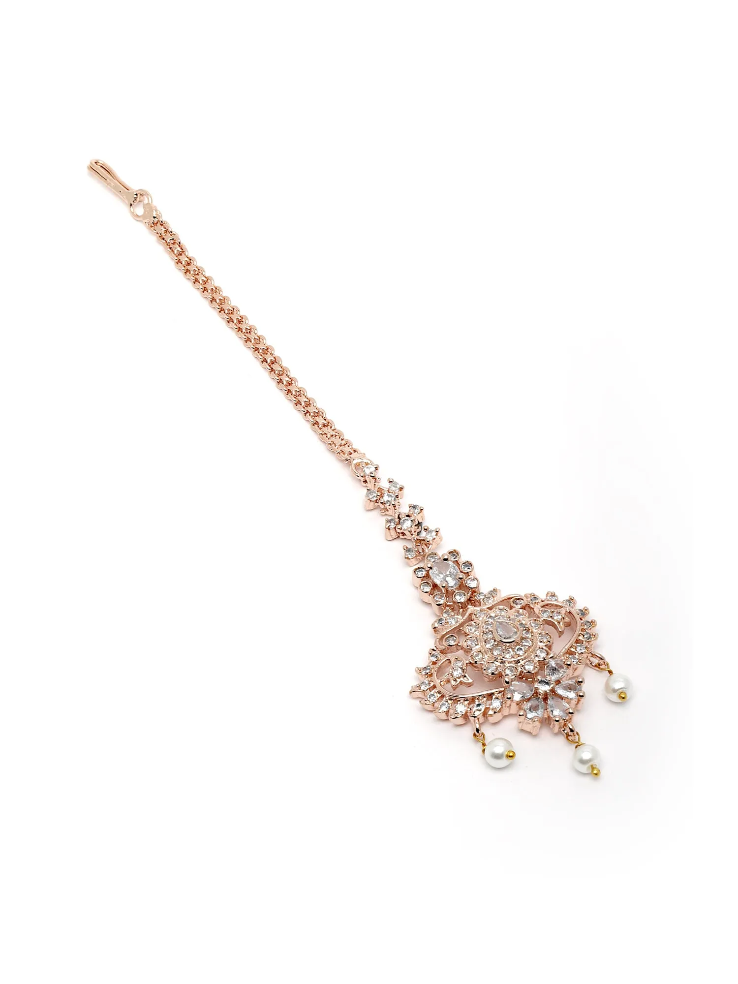 Rose Gold-Plated Cubic Zirconia Studded Maangtikka.