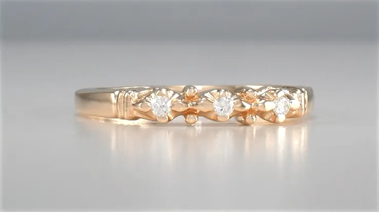 Rose Gold Starburst Galaxy 1950's Mid Century Modern Three Diamond Wedding Band
