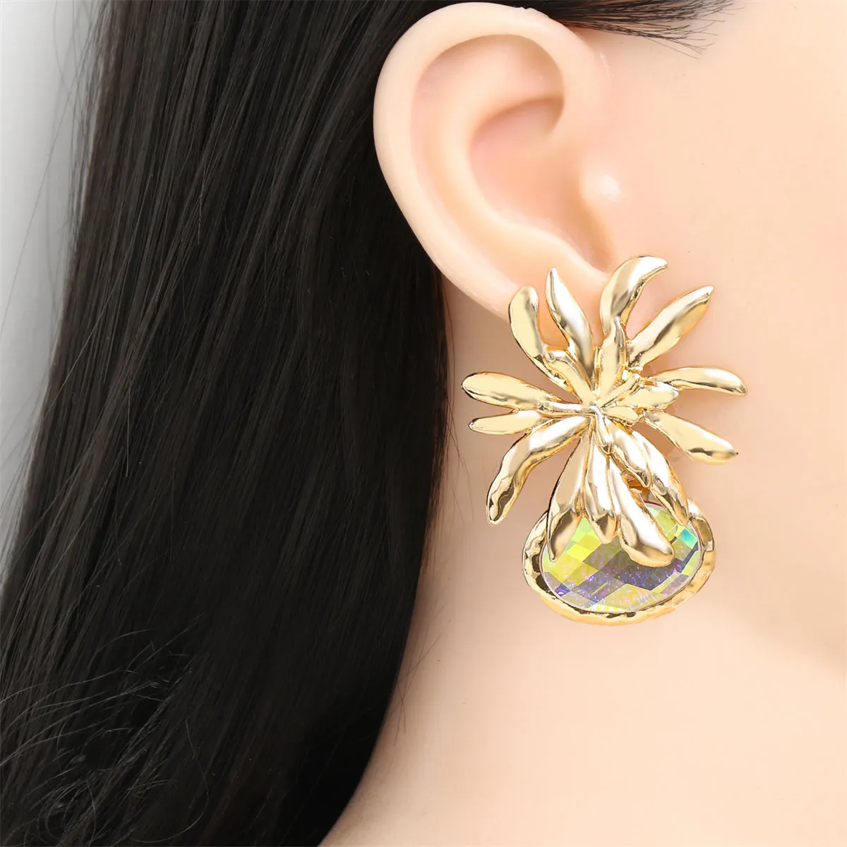 Rose Oval Crystal & 18K Gold-Plated Flower Drop Earrings