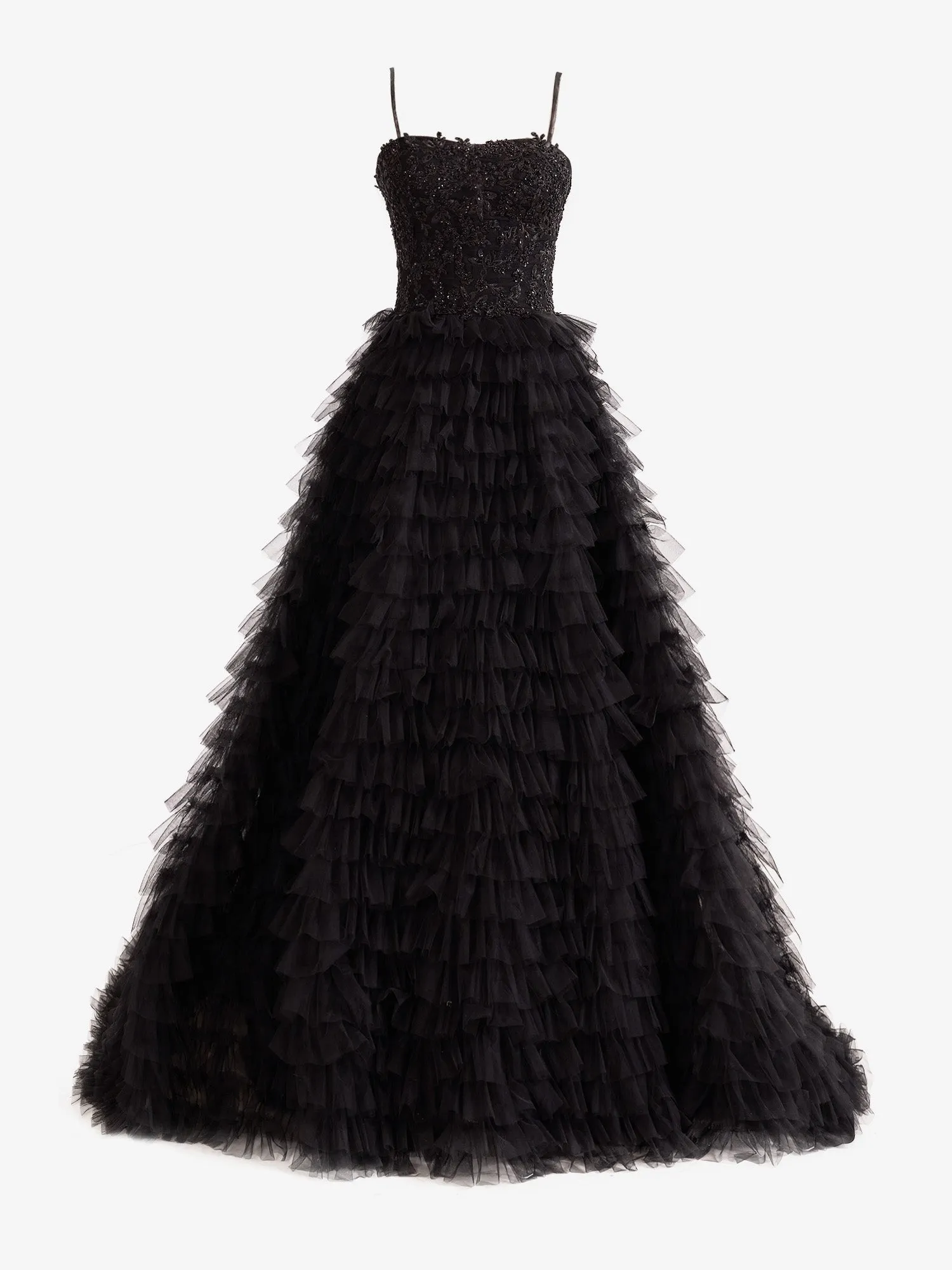 Roycebridal Jordan | Black A-Line Tiered Sequins Tulle Long Prom Dress