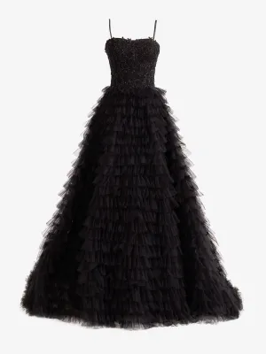 Roycebridal Jordan | Black A-Line Tiered Sequins Tulle Long Prom Dress