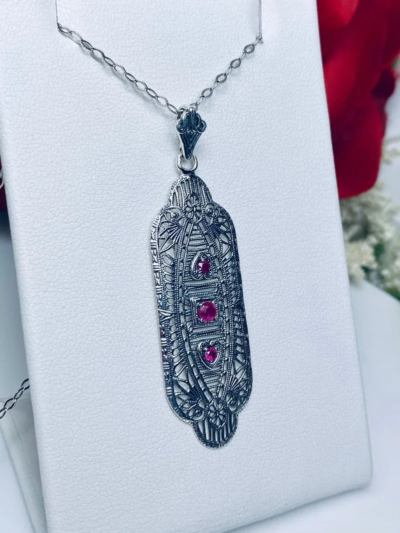 Ruby Angel Wing Pendant Necklace, Simulated or Natural Gemstones, Vintage Revival Jewelry #P359