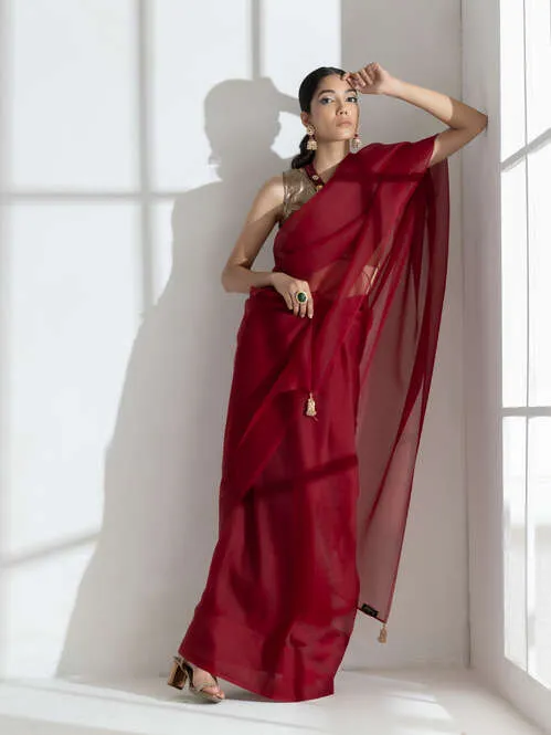Rustic Maroon Soft Organza Saree with Beaded Gold Latkan with Self Blouse Fabric
