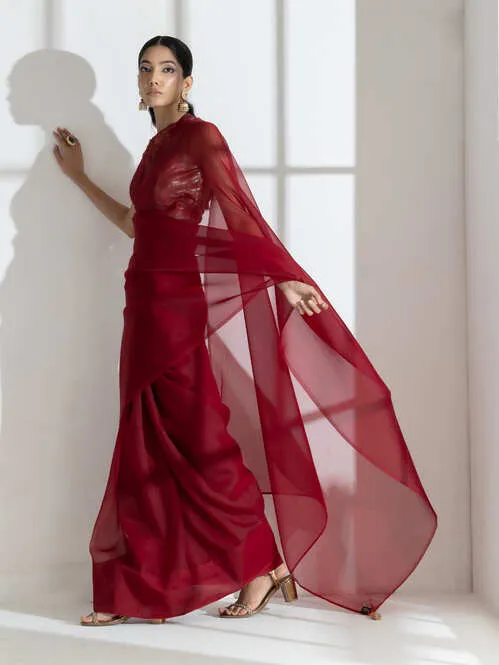 Rustic Maroon Soft Organza Saree with Beaded Gold Latkan with Self Blouse Fabric
