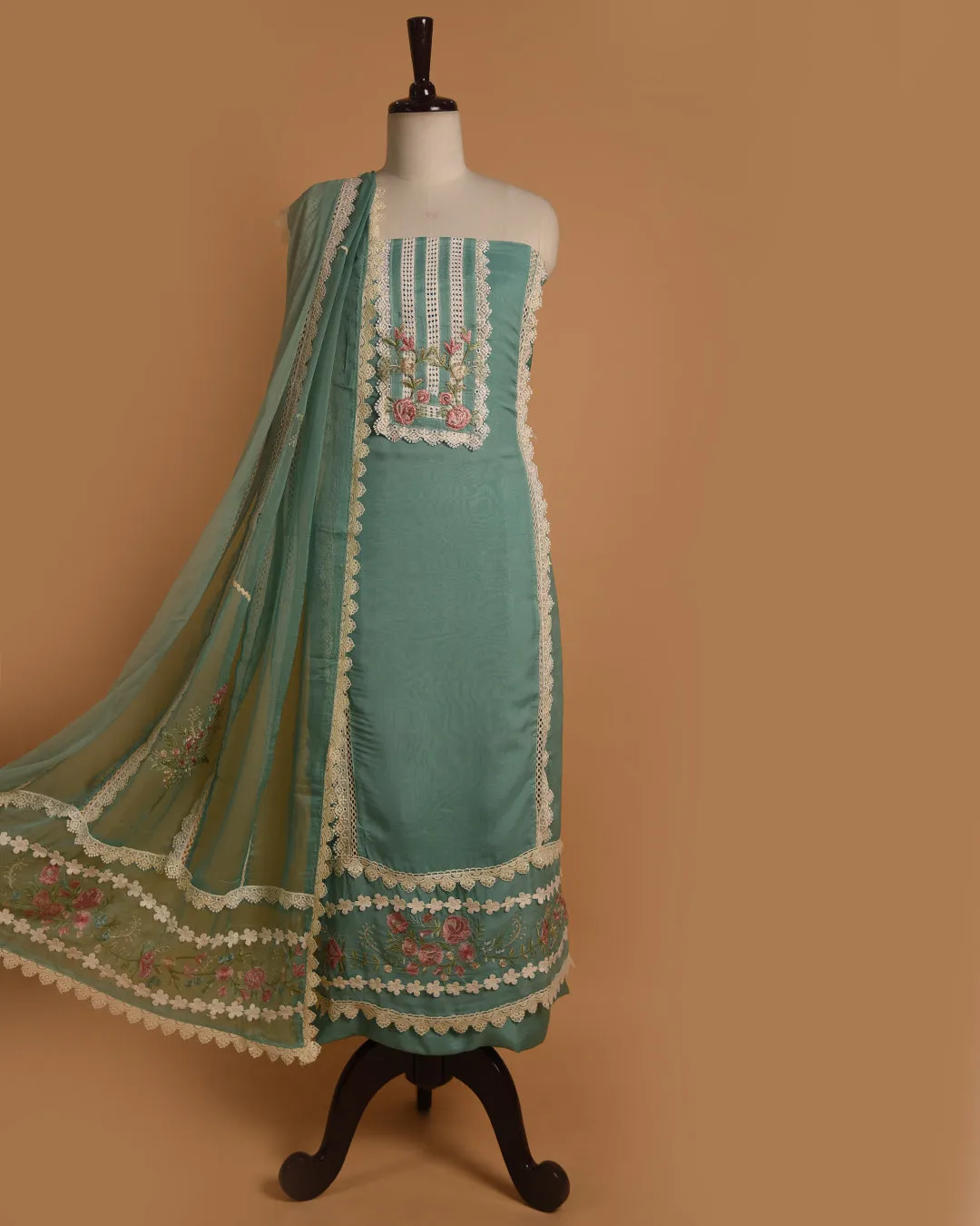 Sea Green Organza Blend Embroidered Unstitched Suit Fabric Set With Chiffon Dupatta