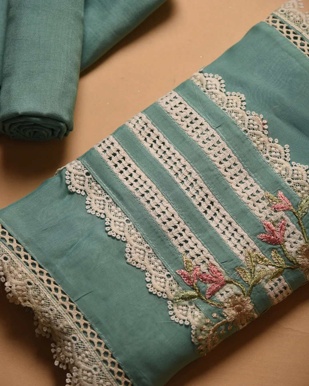 Sea Green Organza Blend Embroidered Unstitched Suit Fabric Set With Chiffon Dupatta