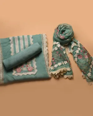 Sea Green Organza Blend Embroidered Unstitched Suit Fabric Set With Chiffon Dupatta