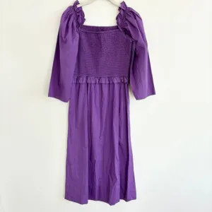 Sea New York Purple Smocked Cotton Midi‎ Dress Puff Sleeves Square Neck Size 4