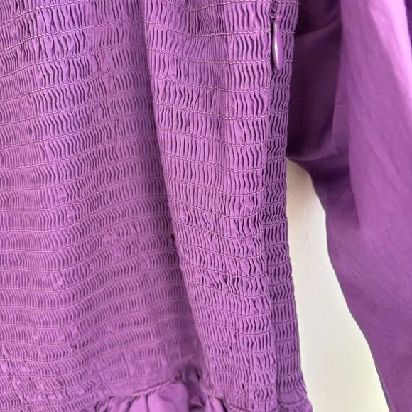 Sea New York Purple Smocked Cotton Midi‎ Dress Puff Sleeves Square Neck Size 4