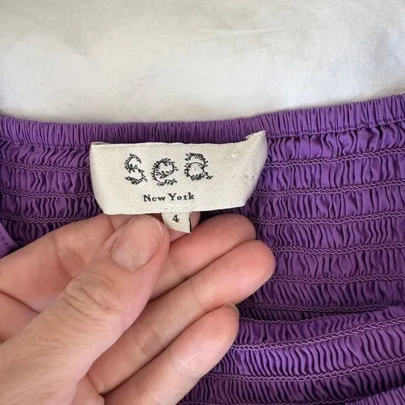 Sea New York Purple Smocked Cotton Midi‎ Dress Puff Sleeves Square Neck Size 4