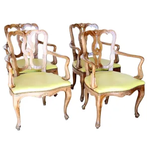 Set of Four Italian Venetian Rococo Revival Pale Walnut Upholstered Seat Armchairs