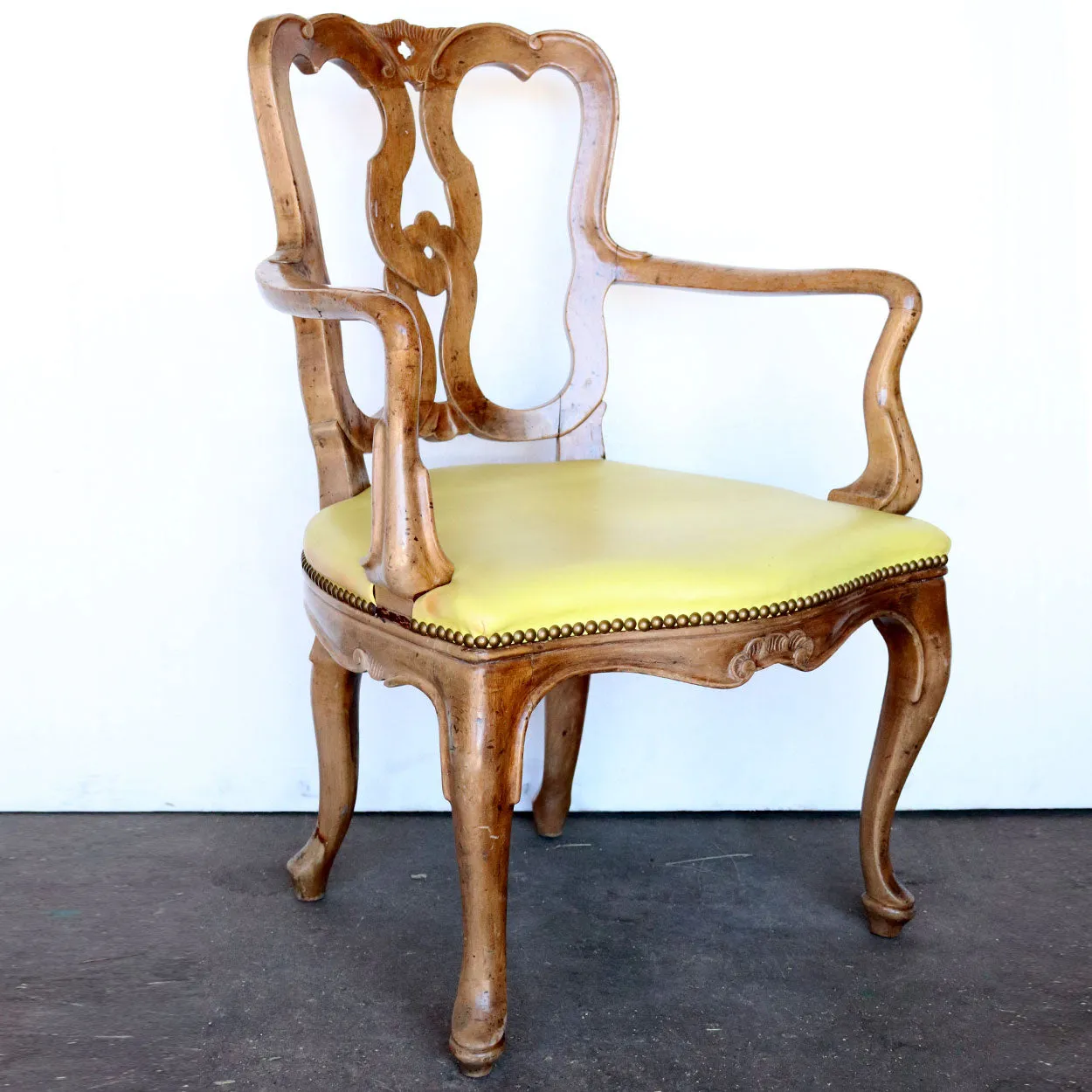 Set of Four Italian Venetian Rococo Revival Pale Walnut Upholstered Seat Armchairs