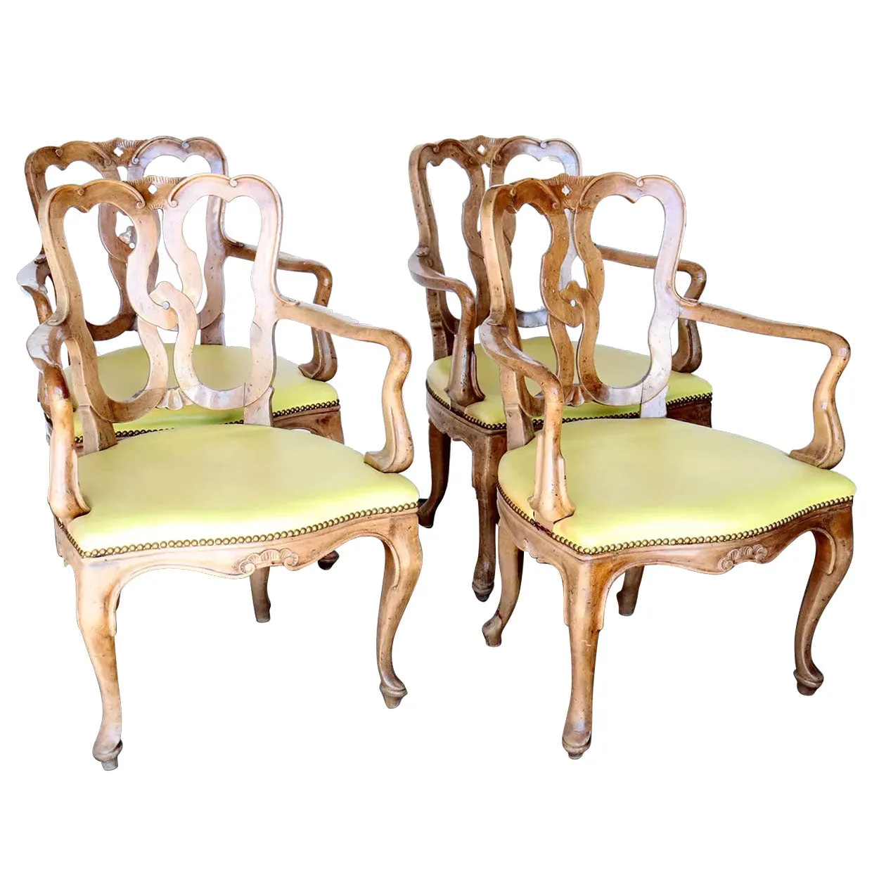 Set of Four Italian Venetian Rococo Revival Pale Walnut Upholstered Seat Armchairs