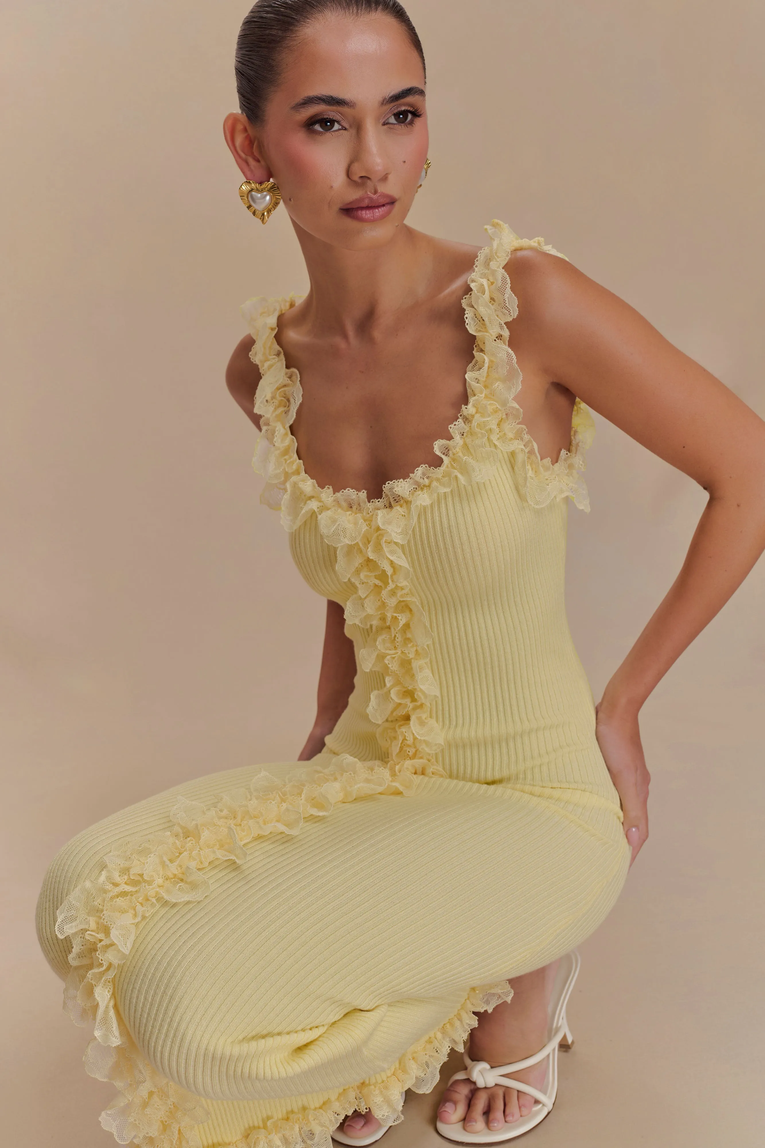 Shay Lace Ruffle Knit Maxi Dress - Lemon