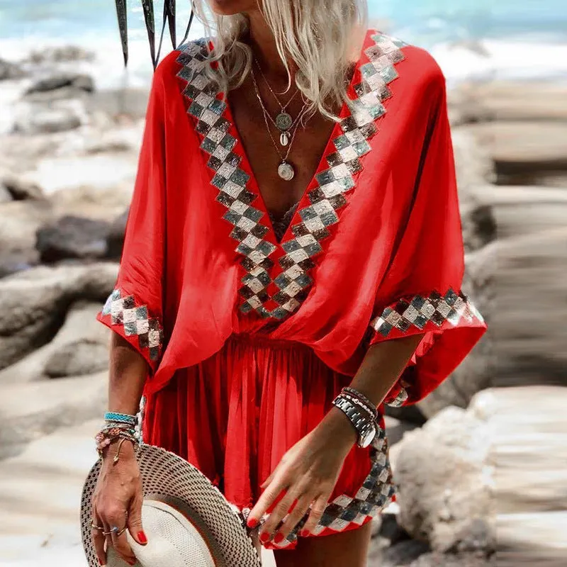 Shorts and Loose Sleeves Jumpsuit with Tribal Print