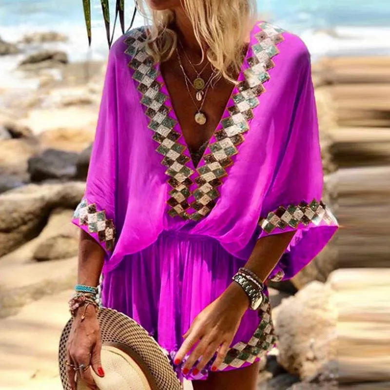 Shorts and Loose Sleeves Jumpsuit with Tribal Print