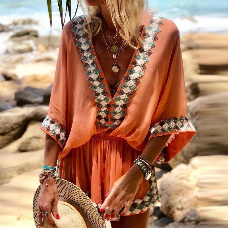 Shorts and Loose Sleeves Jumpsuit with Tribal Print
