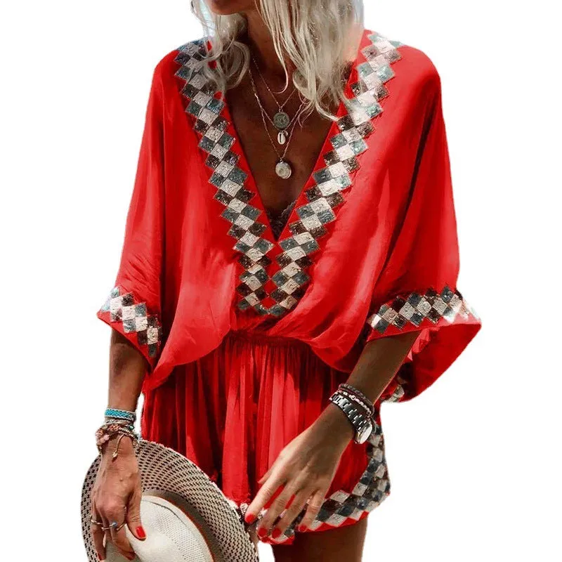 Shorts and Loose Sleeves Jumpsuit with Tribal Print