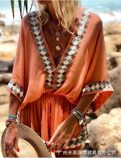 Shorts and Loose Sleeves Jumpsuit with Tribal Print
