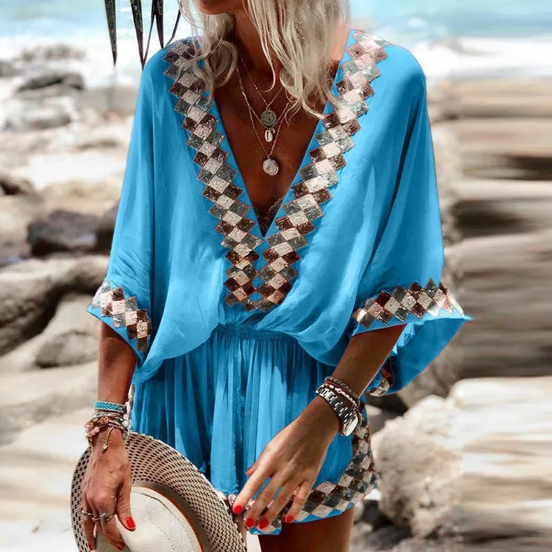 Shorts and Loose Sleeves Jumpsuit with Tribal Print