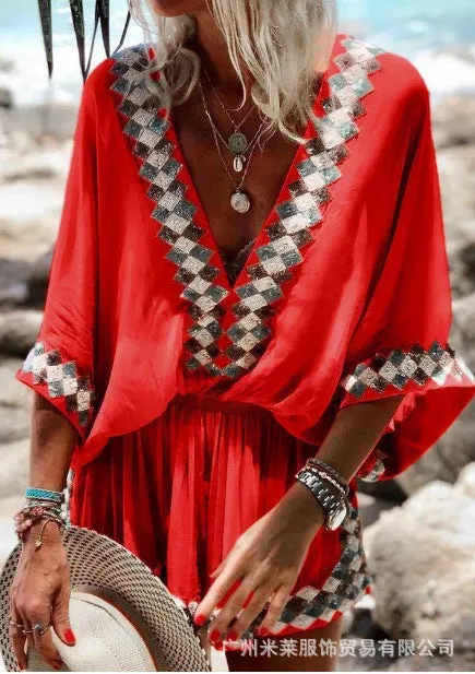 Shorts and Loose Sleeves Jumpsuit with Tribal Print