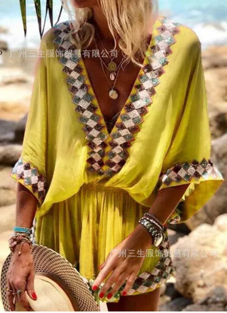 Shorts and Loose Sleeves Jumpsuit with Tribal Print