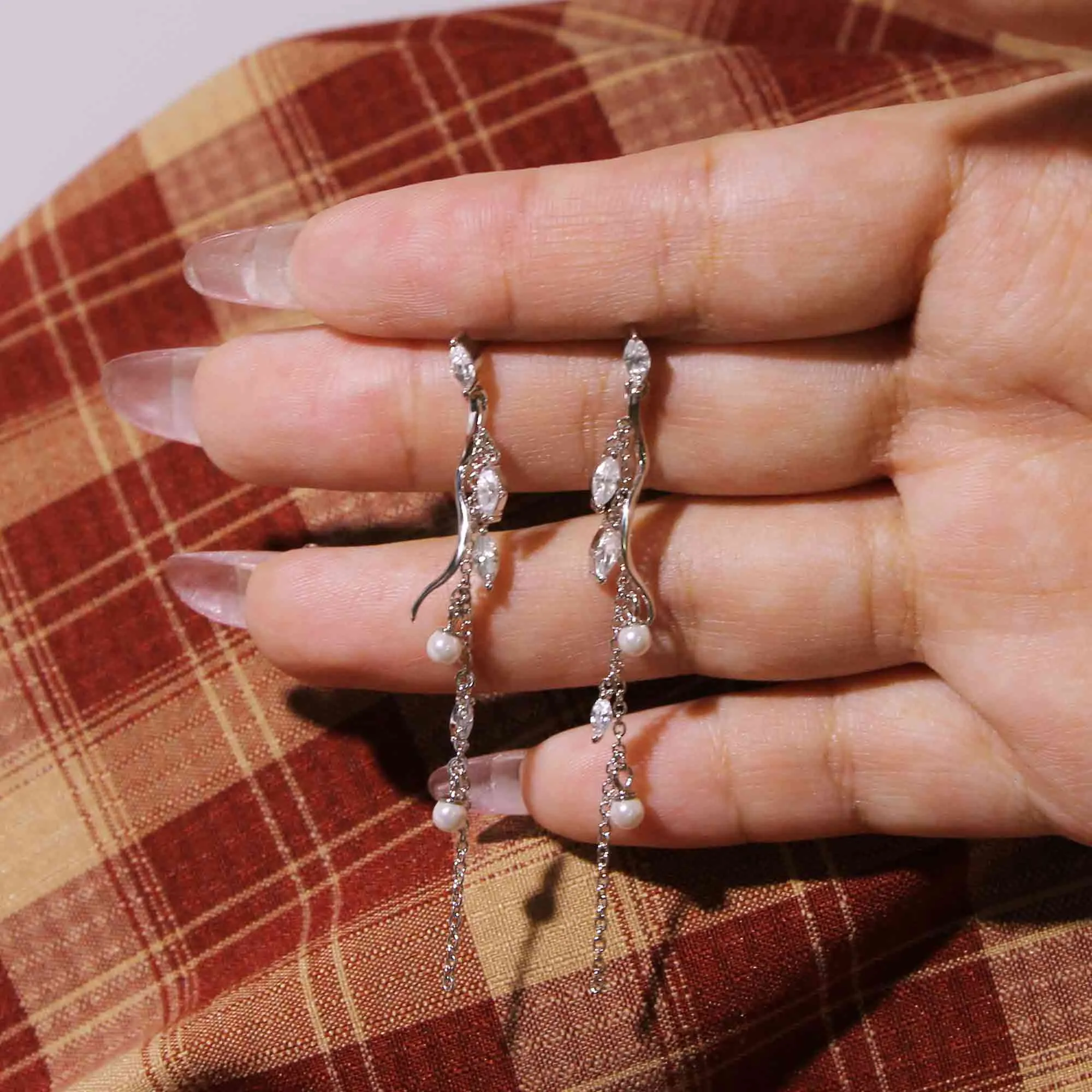 Silver Leaf Tassel Pearl Drop Earrings Nature's Grace Collection