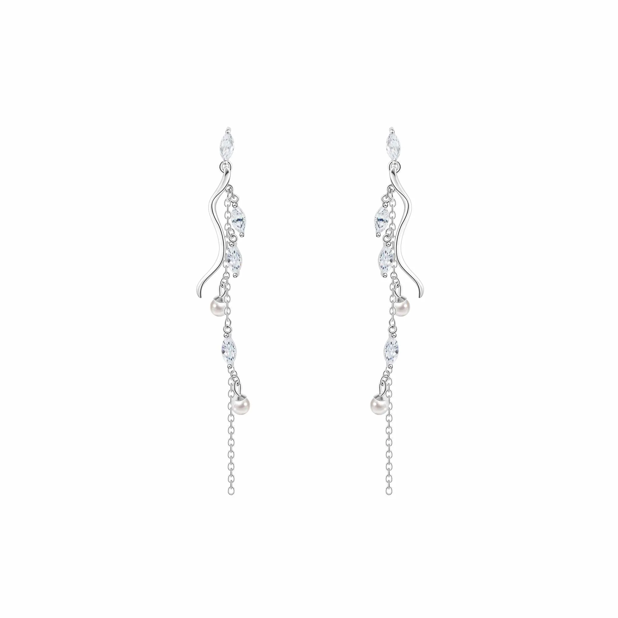 Silver Leaf Tassel Pearl Drop Earrings Nature's Grace Collection