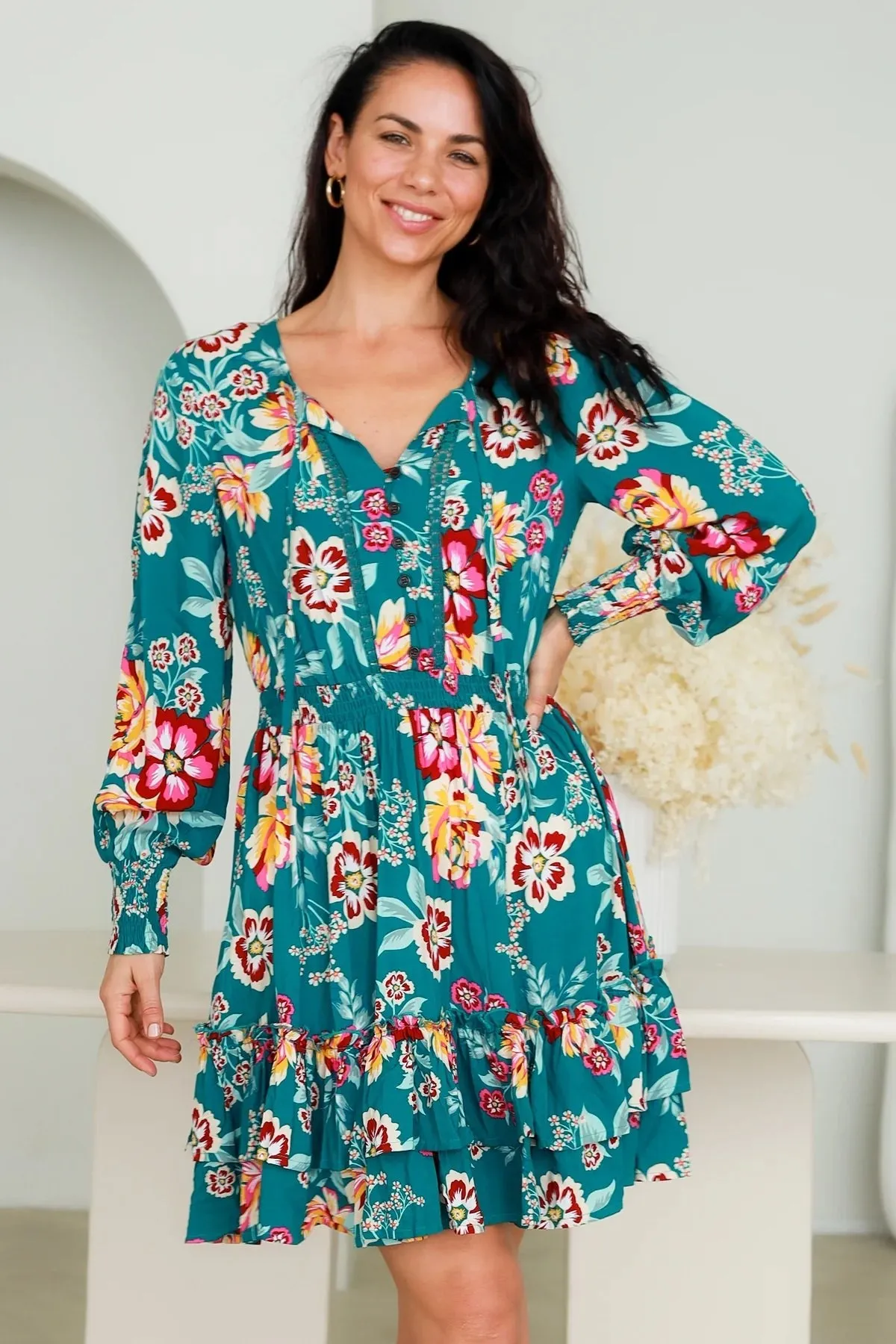 Siren Short Dress - Teal Botanica