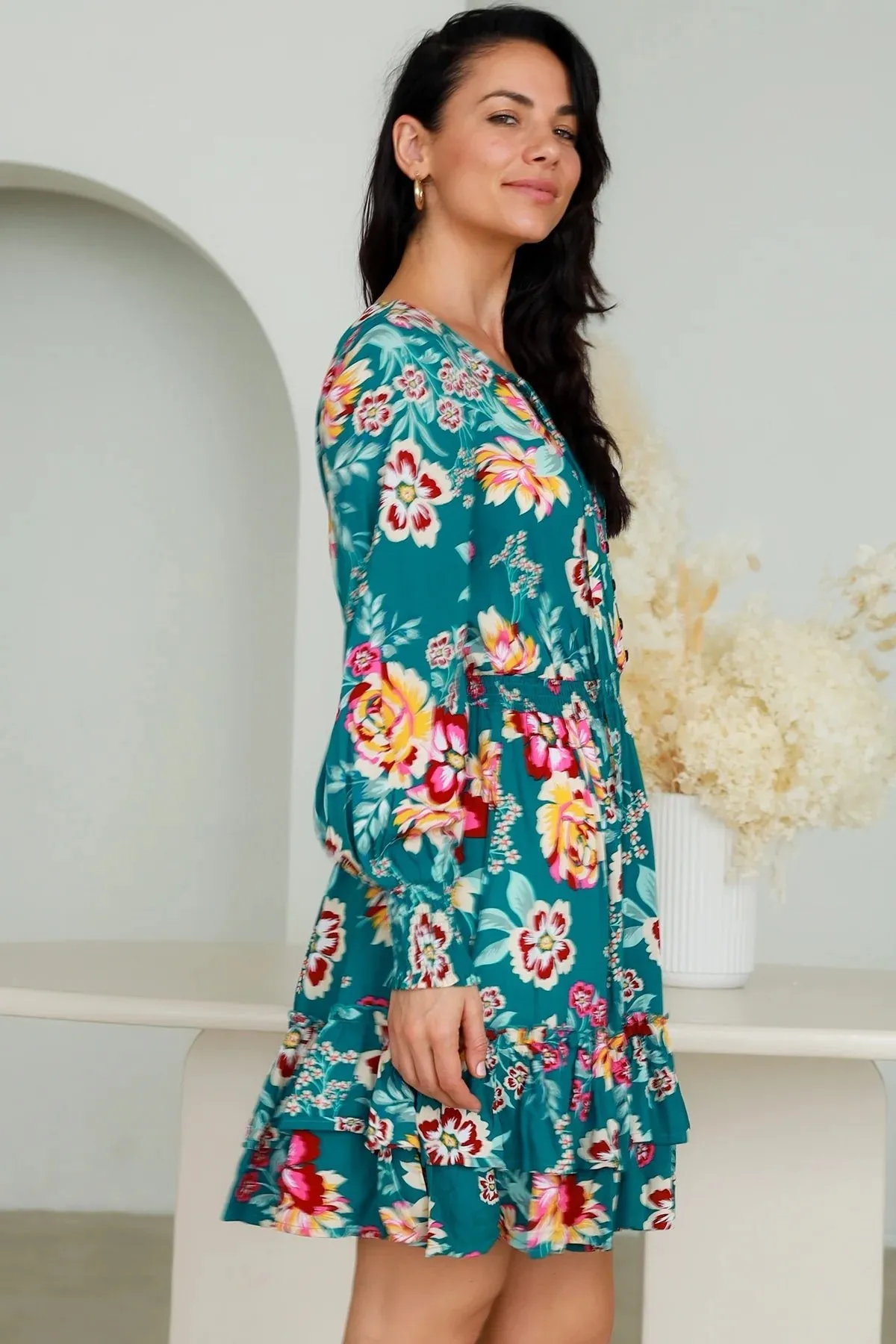 Siren Short Dress - Teal Botanica