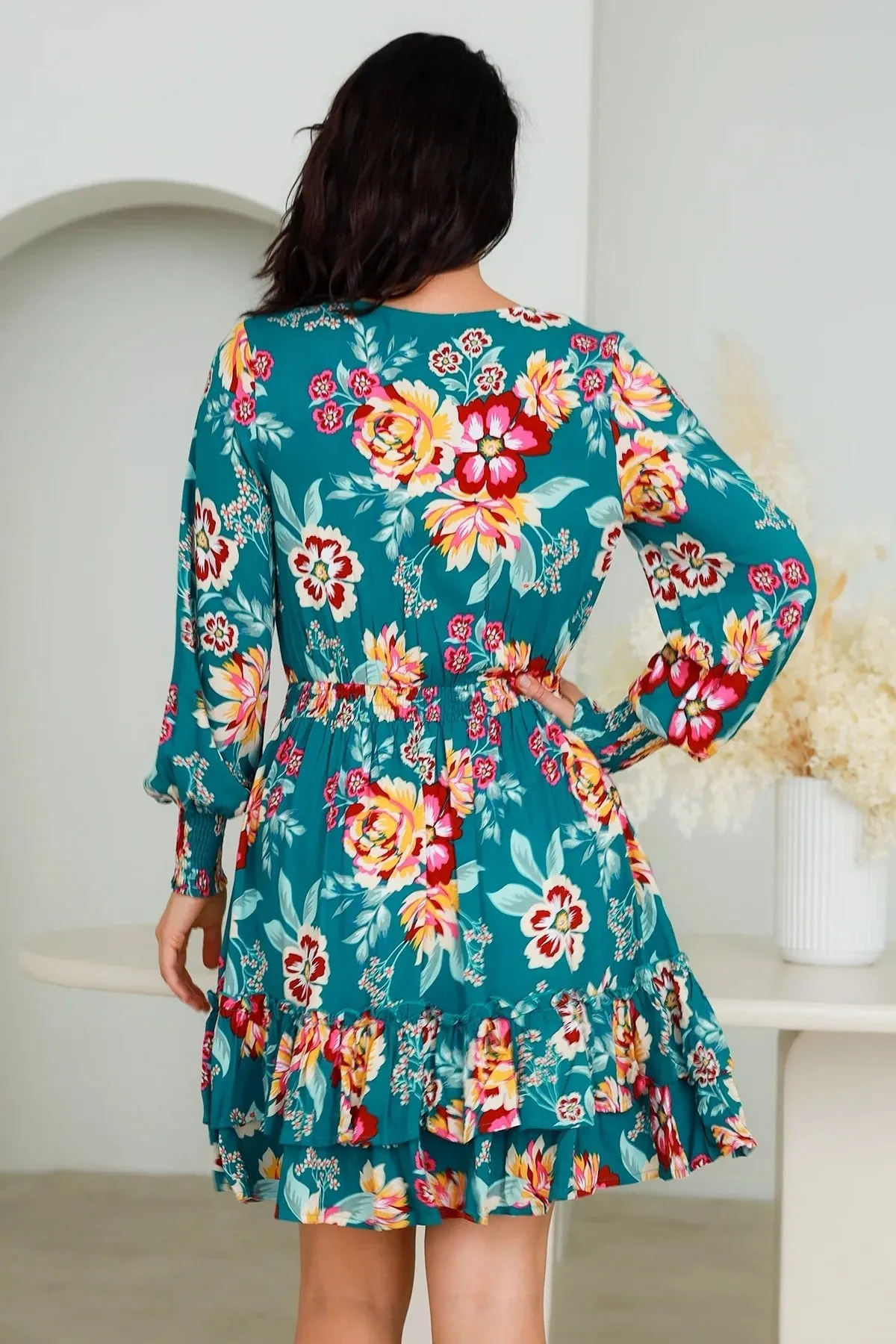 Siren Short Dress - Teal Botanica