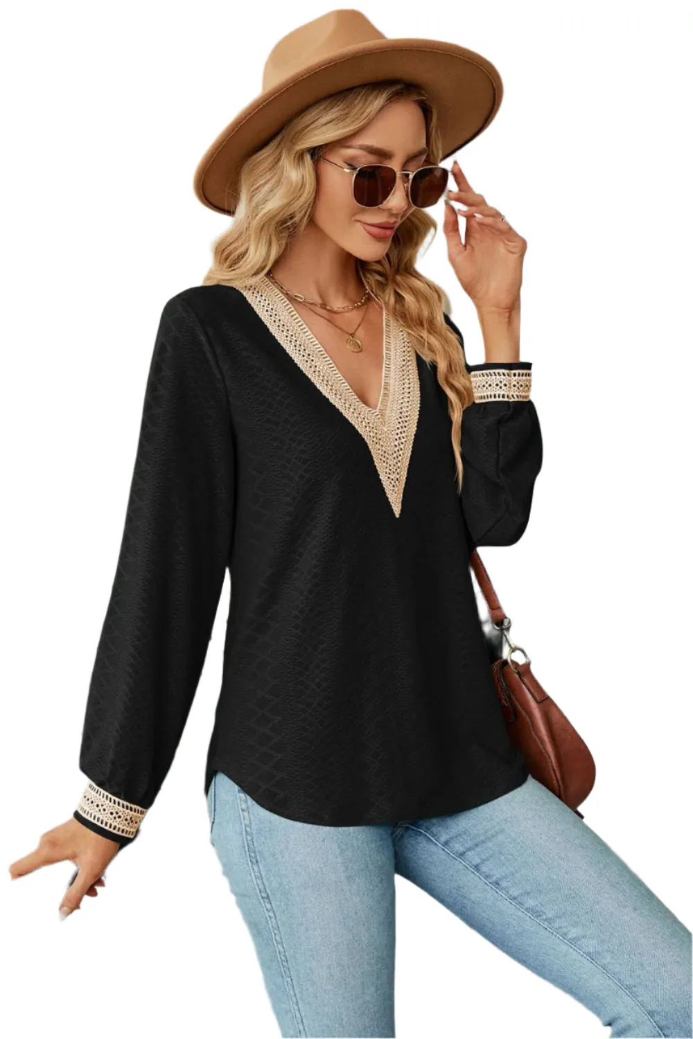 Size Large Black V-Neck Long Sleeve Eyelet Blouse