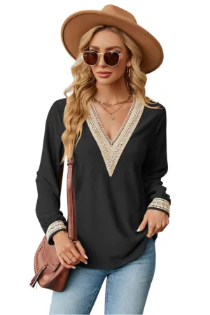 Size Large Black V-Neck Long Sleeve Eyelet Blouse