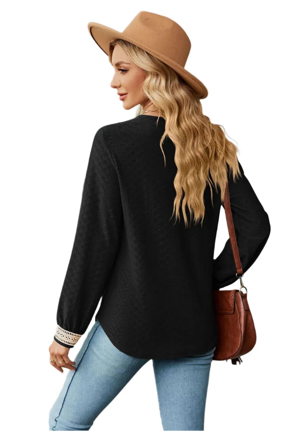 Size Large Black V-Neck Long Sleeve Eyelet Blouse