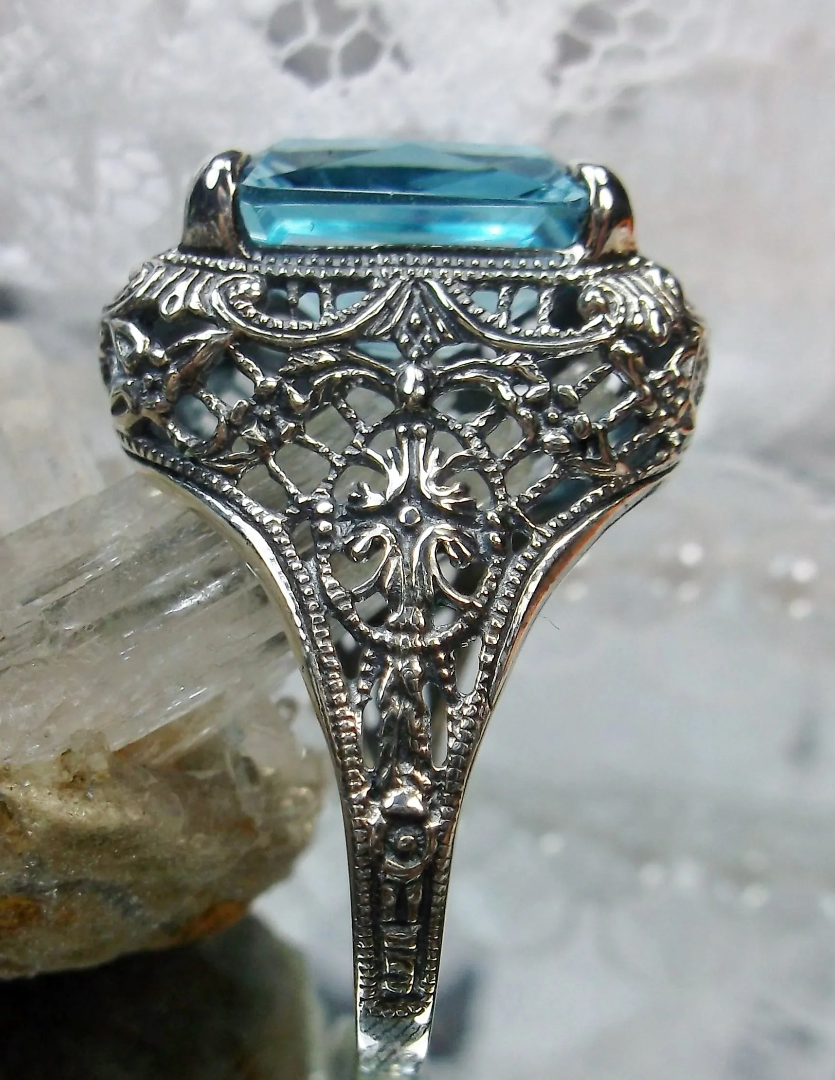Sky Blue Autumn Ring, Natural or Simulated Rectangle Gem, Vintage Jewelry #D200